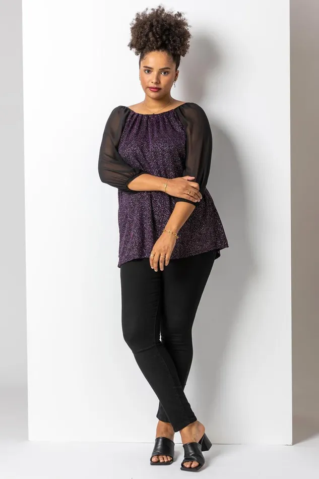 Pink Curve Glitter Pleat Detail Top Women Roman Tops