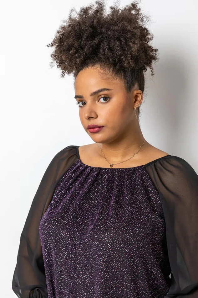 Pink Curve Glitter Pleat Detail Top Women Roman Tops