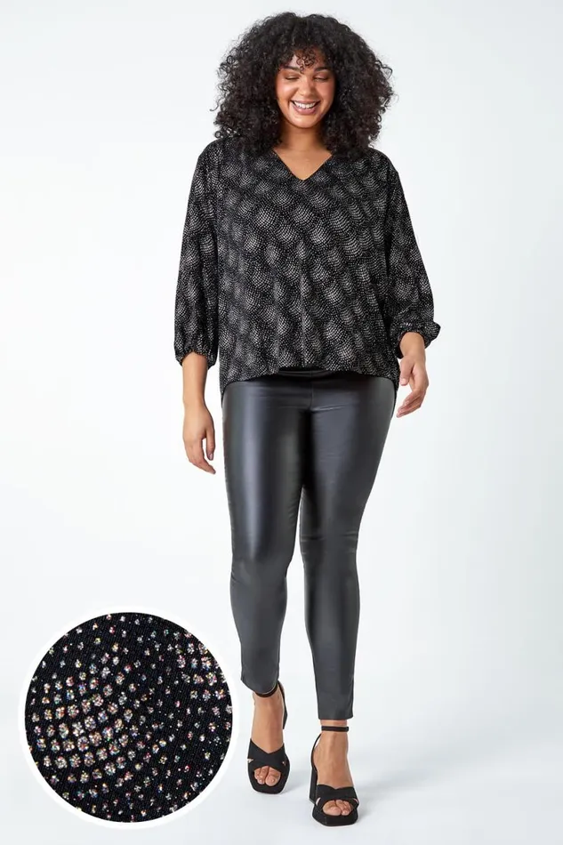Pink Curve Glitter Sparkle Tunic Top Women Roman Tops