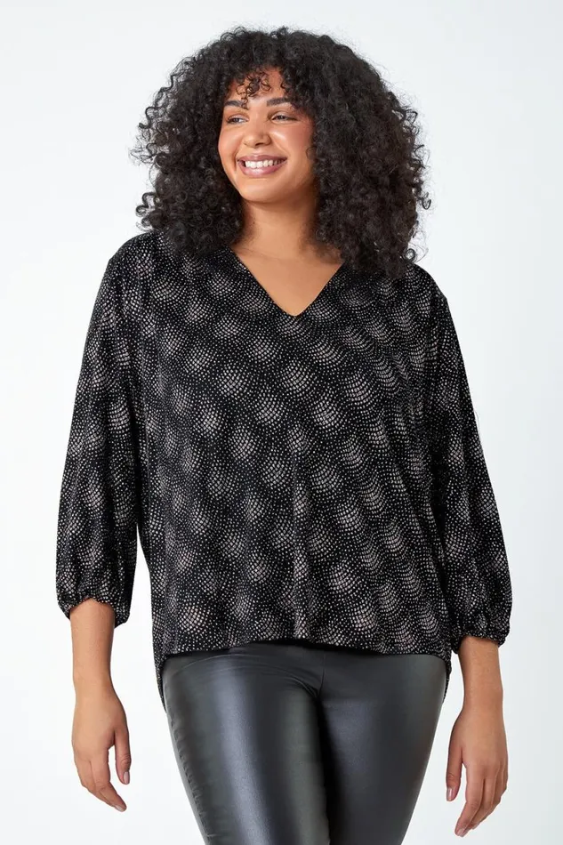 Pink Curve Glitter Sparkle Tunic Top Women Roman Tops