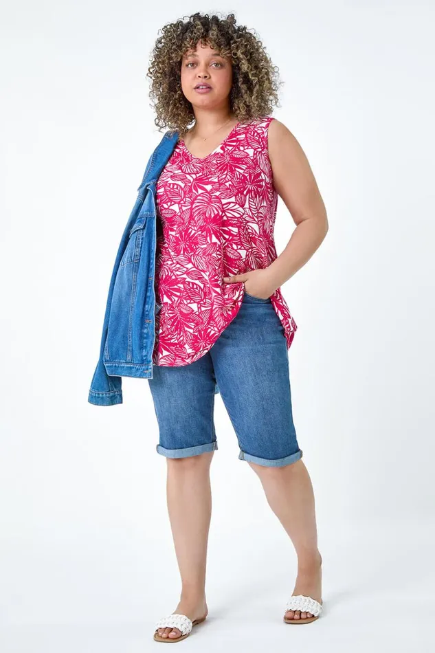 Pink Curve Leaf Print VNeck Stretch Vest Top Women Roman Tops