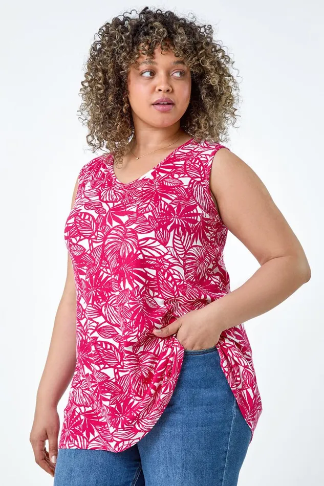 Pink Curve Leaf Print VNeck Stretch Vest Top Women Roman Tops