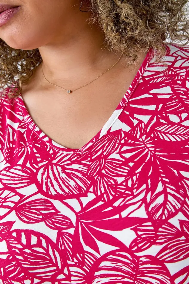 Pink Curve Leaf Print VNeck Stretch Vest Top Women Roman Tops