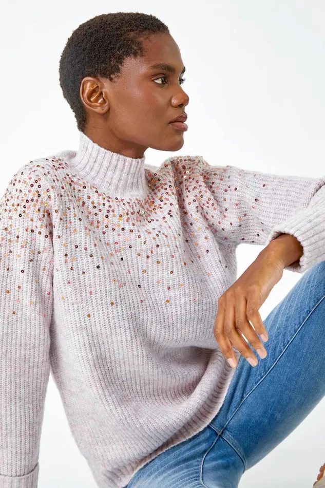 Pink Embellished Sequin Ribbed Stretch Jumper Women Roman Knitwear