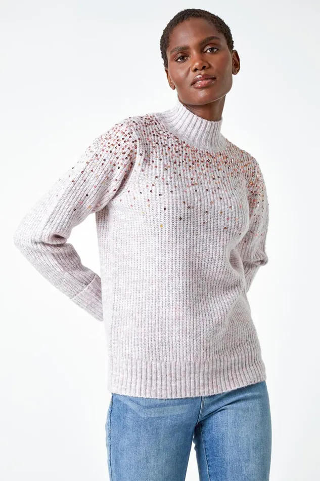 Pink Embellished Sequin Ribbed Stretch Jumper Women Roman Knitwear