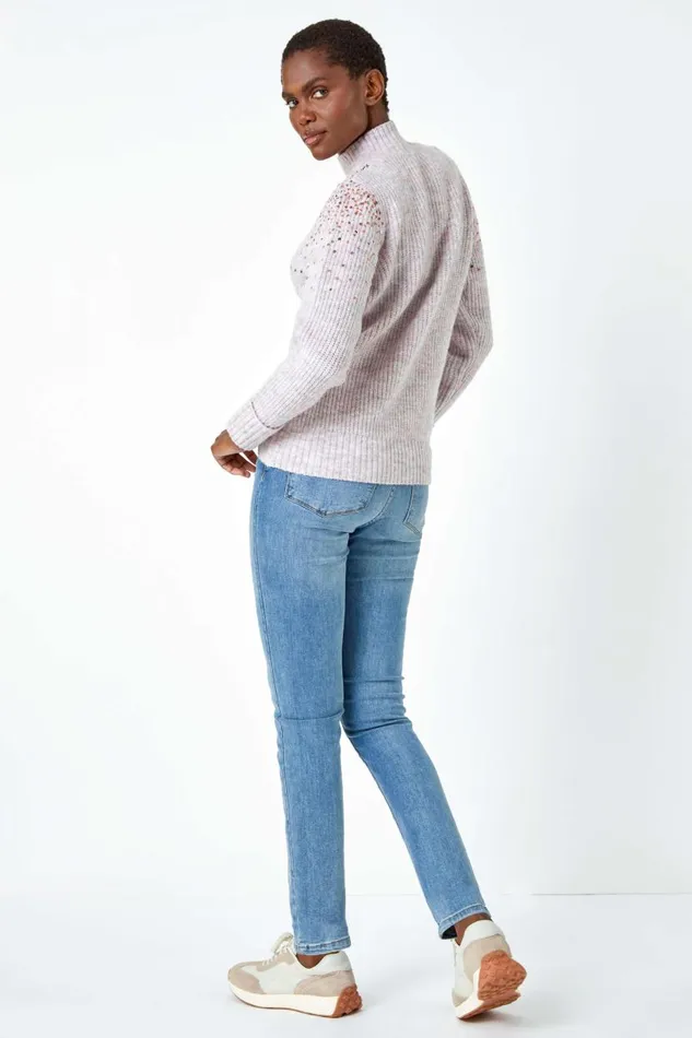 Pink Embellished Sequin Ribbed Stretch Jumper Women Roman Knitwear