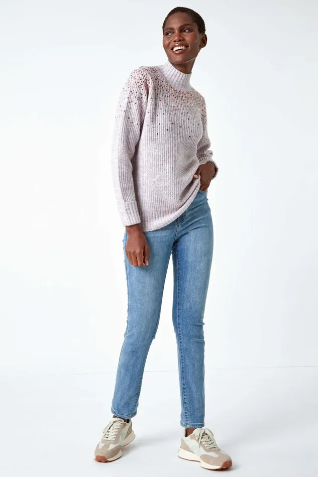 Pink Embellished Sequin Ribbed Stretch Jumper Women Roman Knitwear