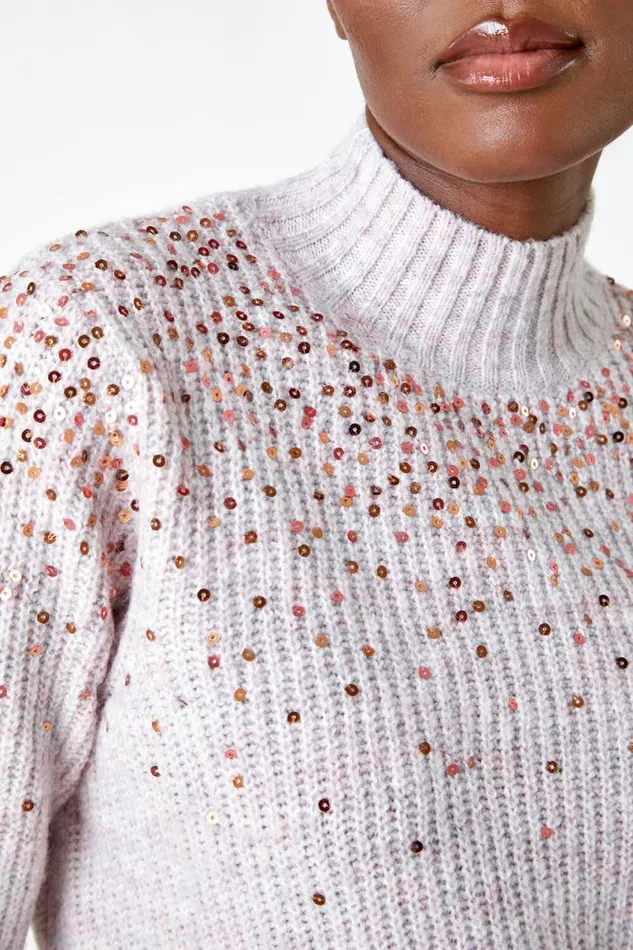 Pink Embellished Sequin Ribbed Stretch Jumper Women Roman Knitwear
