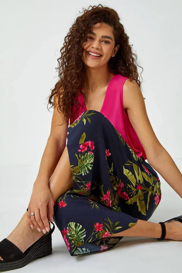 Pink Floral Palm Print Culottes Women Roman Trousers