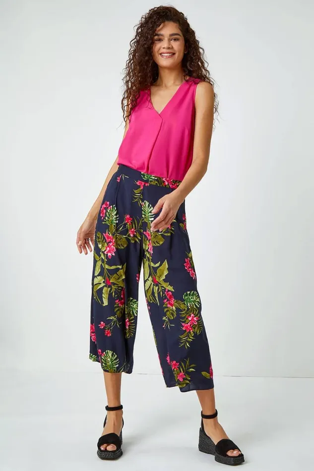 Pink Floral Palm Print Culottes Women Roman Trousers