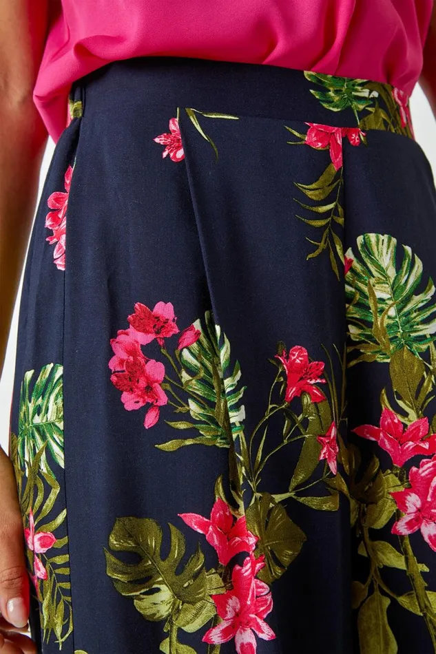 Pink Floral Palm Print Culottes Women Roman Trousers