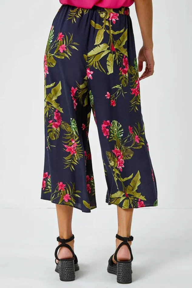 Pink Floral Palm Print Culottes Women Roman Trousers