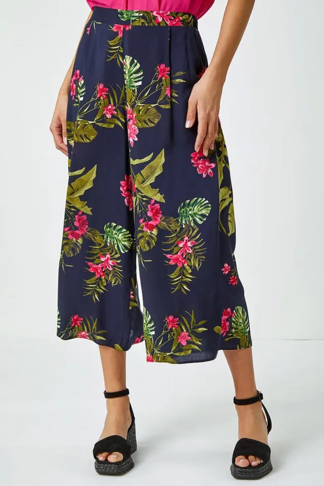 Pink Floral Palm Print Culottes Women Roman Trousers
