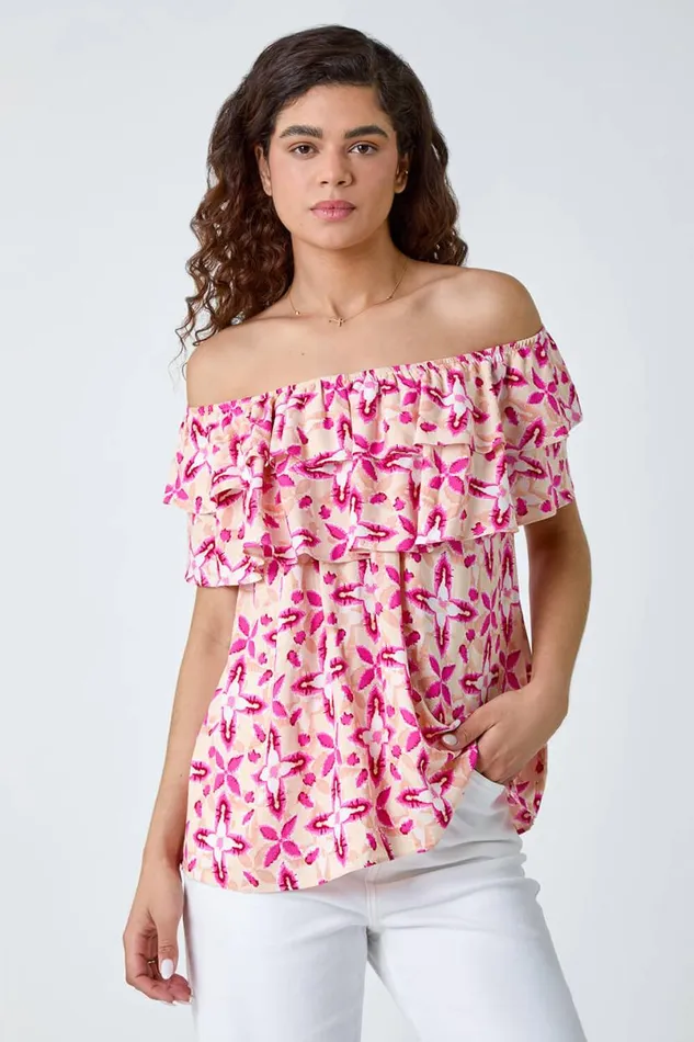 Pink Geo Tie Dye Frill Bardot Top Women Roman Tops