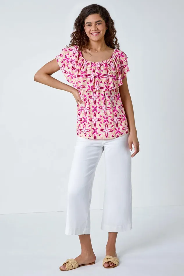 Pink Geo Tie Dye Frill Bardot Top Women Roman Tops