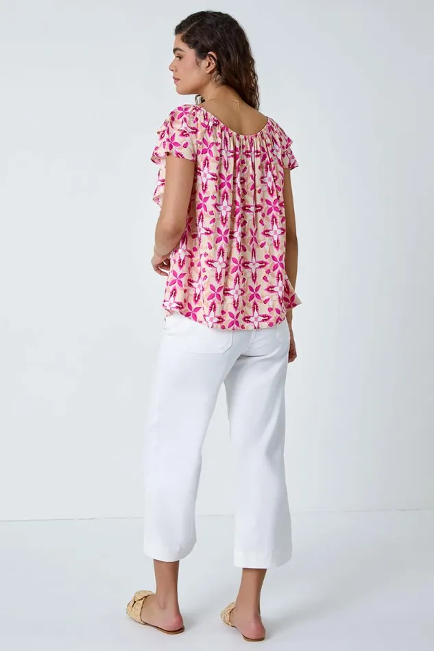 Pink Geo Tie Dye Frill Bardot Top Women Roman Tops