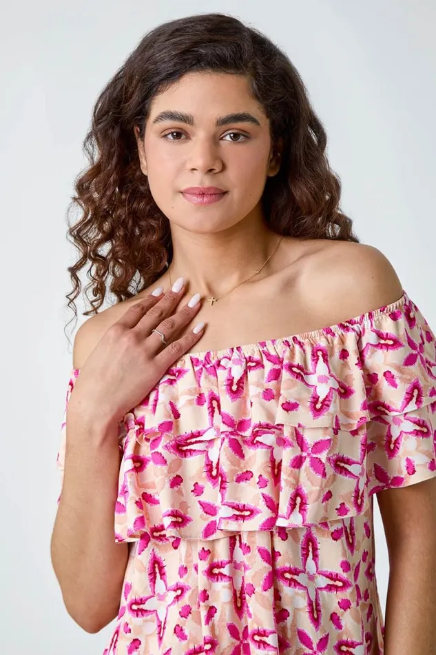 Pink Geo Tie Dye Frill Bardot Top Women Roman Tops