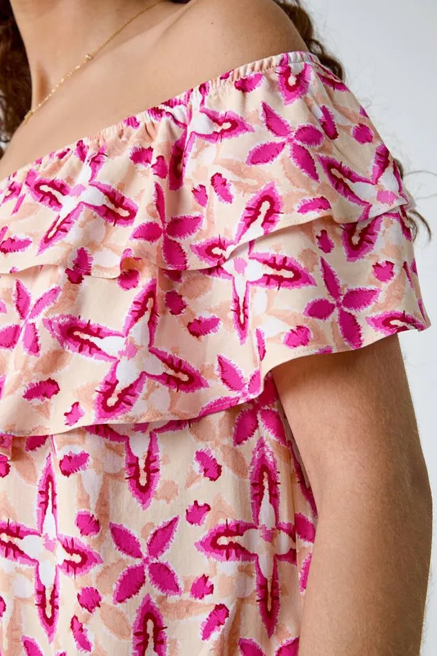 Pink Geo Tie Dye Frill Bardot Top Women Roman Tops
