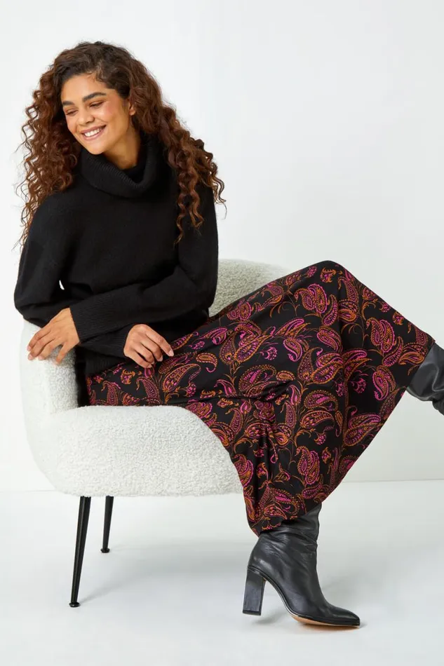 Pink Paisley Print Midi Stretch Skirt Women Roman Skirts