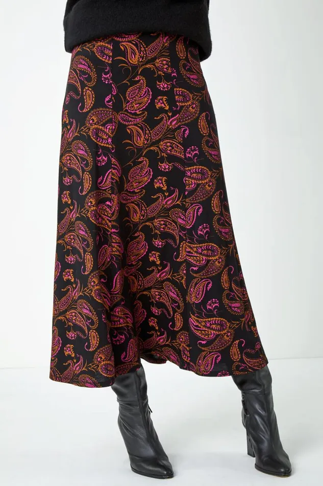 Pink Paisley Print Midi Stretch Skirt Women Roman Skirts