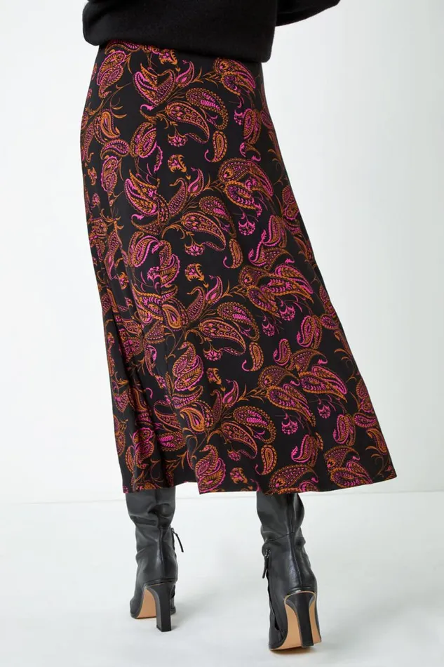 Pink Paisley Print Midi Stretch Skirt Women Roman Skirts
