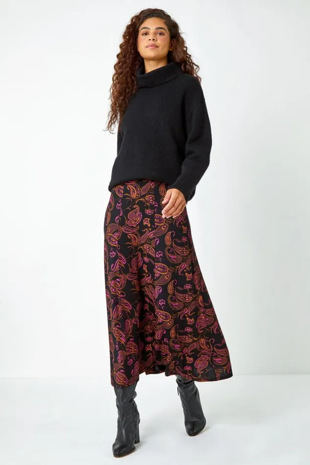 Pink Paisley Print Midi Stretch Skirt Women Roman Skirts