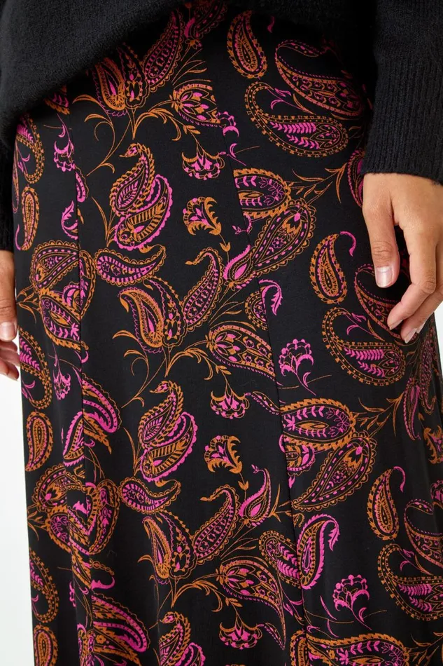 Pink Paisley Print Midi Stretch Skirt Women Roman Skirts