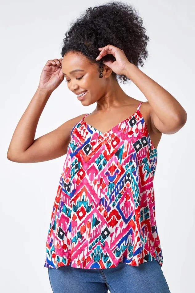Pink Petite Aztec Print Vest Top Women Roman Tops