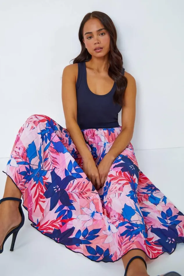 Pink Petite Floral A Line Pleated Midi Skirt Women Roman Skirts