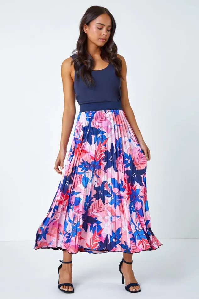 Pink Petite Floral A Line Pleated Midi Skirt Women Roman Skirts