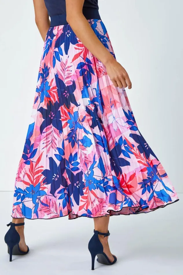 Pink Petite Floral A Line Pleated Midi Skirt Women Roman Skirts