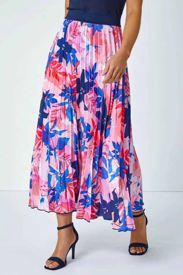 Pink Petite Floral A Line Pleated Midi Skirt Women Roman Skirts