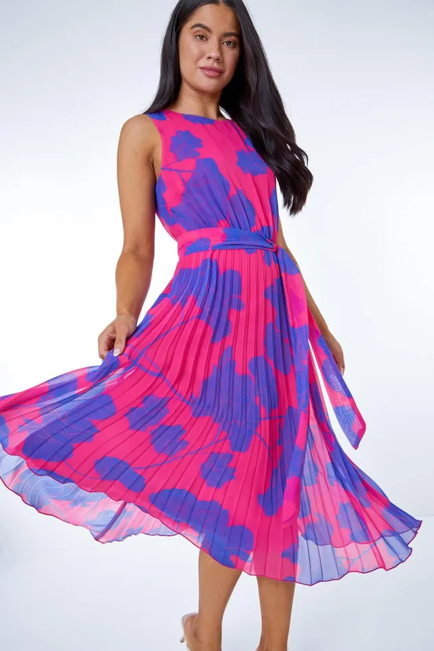 Pink Petite Floral Linear Pleated Chiffon Dress Women Roman Dresses