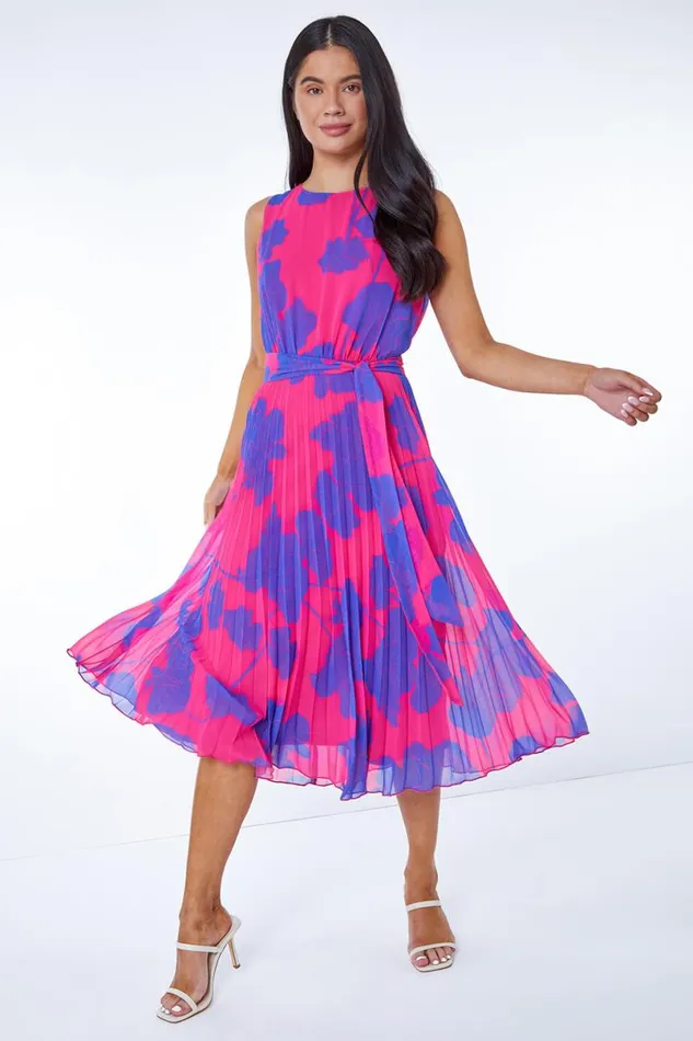 Pink Petite Floral Linear Pleated Chiffon Dress Women Roman Dresses