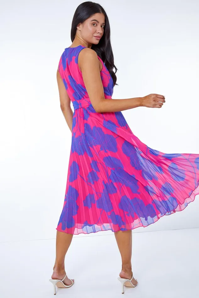 Pink Petite Floral Linear Pleated Chiffon Dress Women Roman Dresses