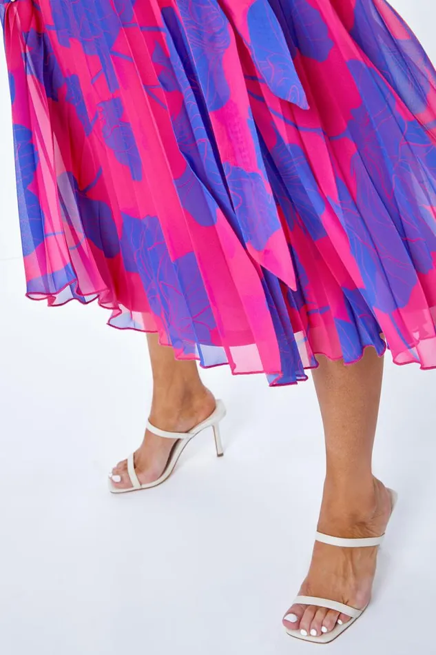 Pink Petite Floral Linear Pleated Chiffon Dress Women Roman Dresses