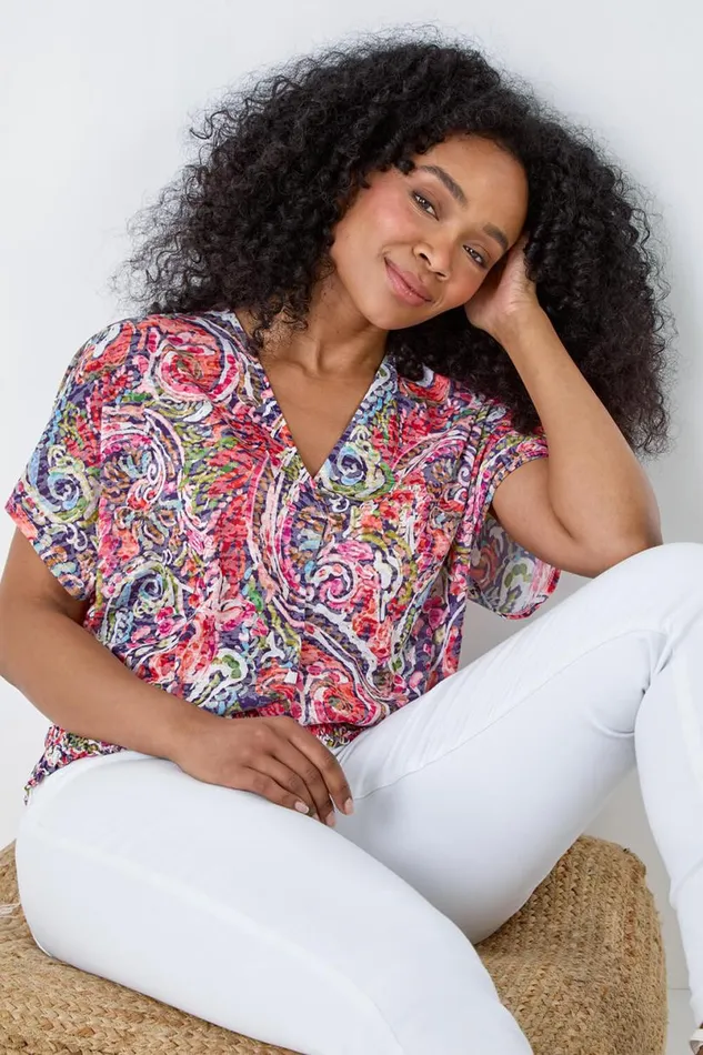 Pink Petite Paisley Shirred Hem Stretch Top Women Roman Tops