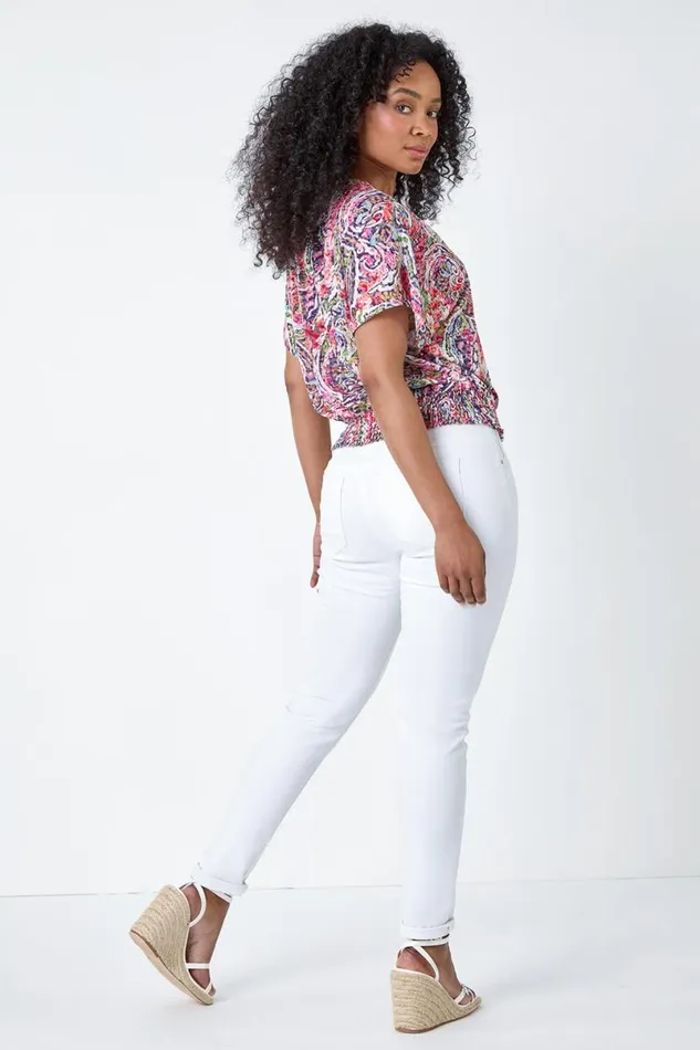 Pink Petite Paisley Shirred Hem Stretch Top Women Roman Tops