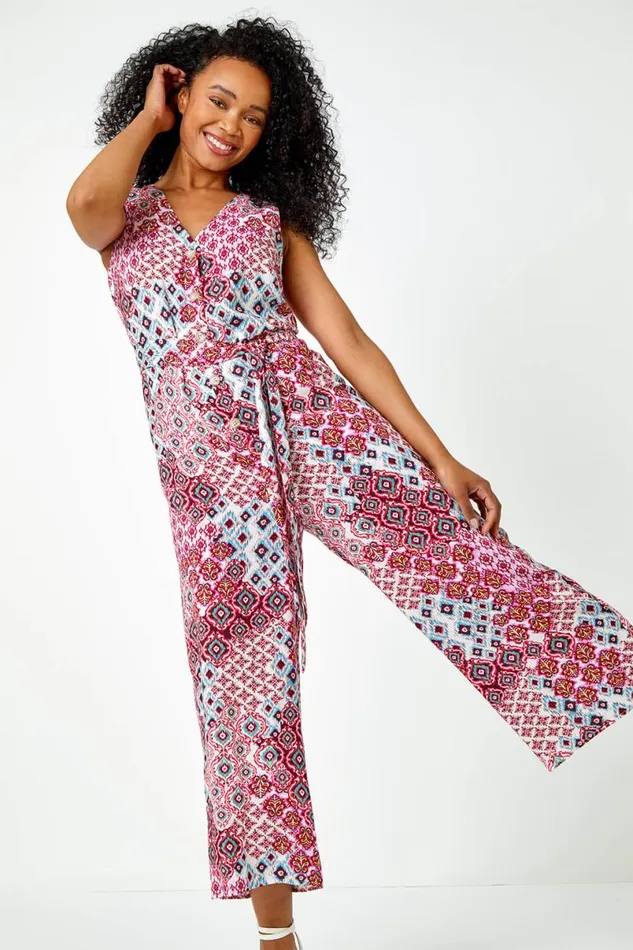Pink Petite Sleeveless Aztec Print Jumpsuit Women Roman Dresses