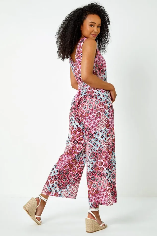 Pink Petite Sleeveless Aztec Print Jumpsuit Women Roman Dresses