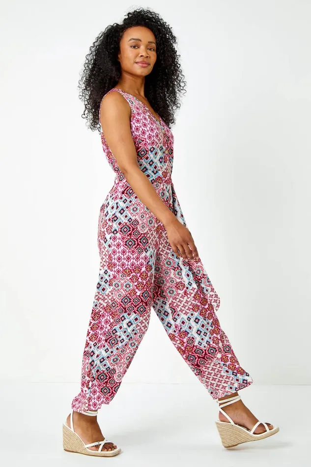 Pink Petite Sleeveless Aztec Print Jumpsuit Women Roman Dresses