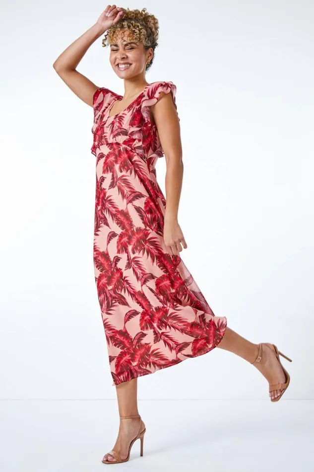 Pink Petite Tropical Print Frill Sleeve Midi Dress Women Roman Dresses