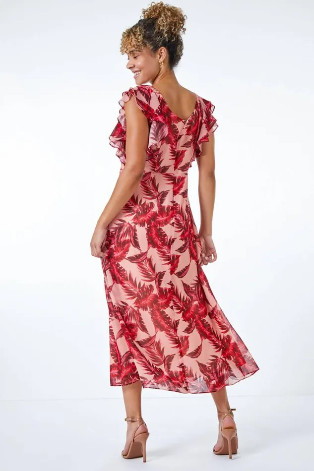 Pink Petite Tropical Print Frill Sleeve Midi Dress Women Roman Dresses