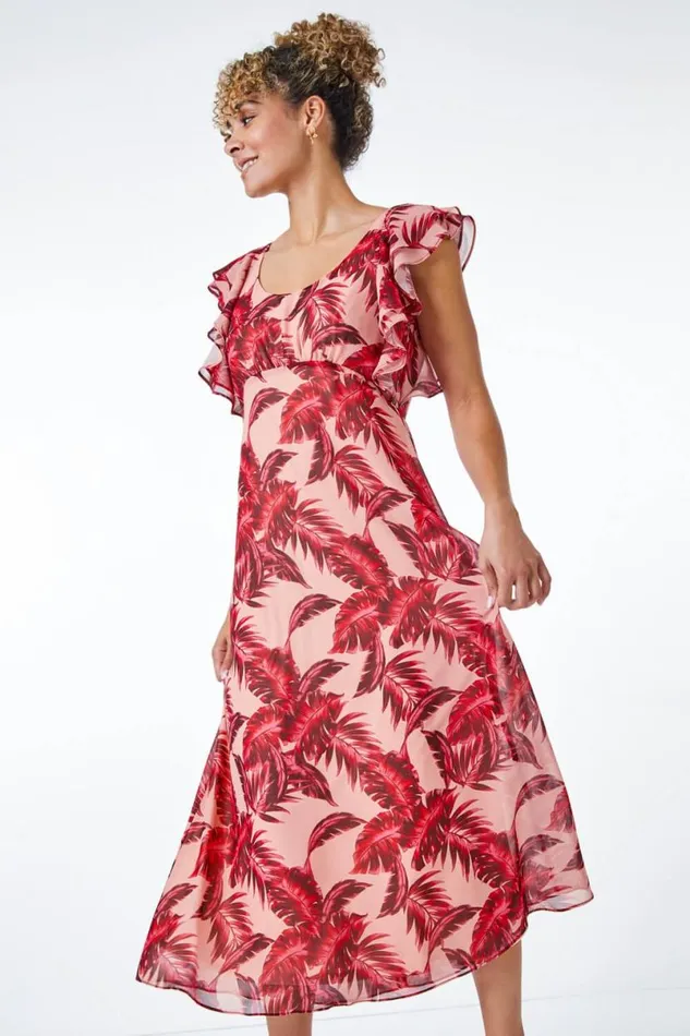 Pink Petite Tropical Print Frill Sleeve Midi Dress Women Roman Dresses