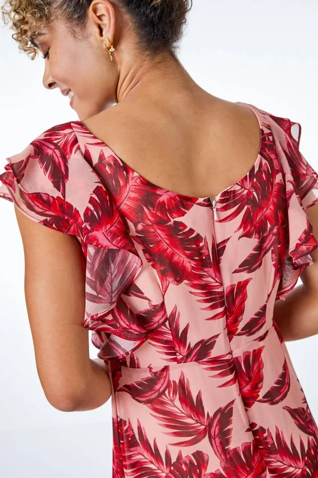 Pink Petite Tropical Print Frill Sleeve Midi Dress Women Roman Dresses