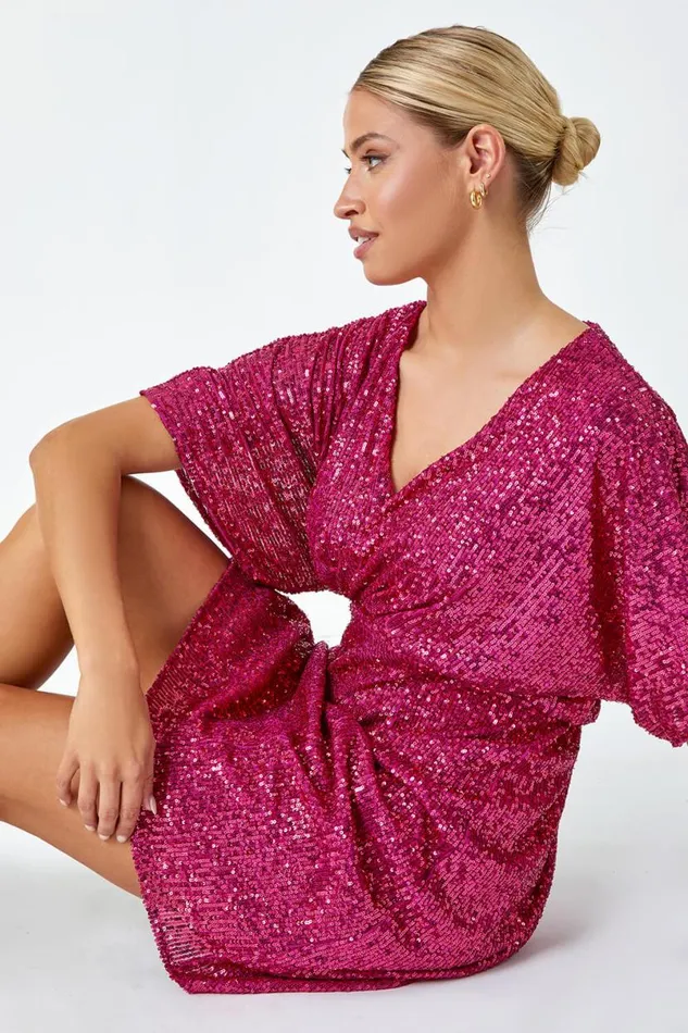 Pink Sequin Embellished Wrap Stretch Dress Women Roman Dresses