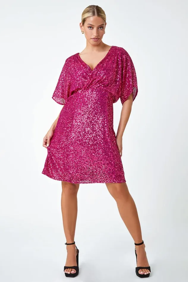 Pink Sequin Embellished Wrap Stretch Dress Women Roman Dresses