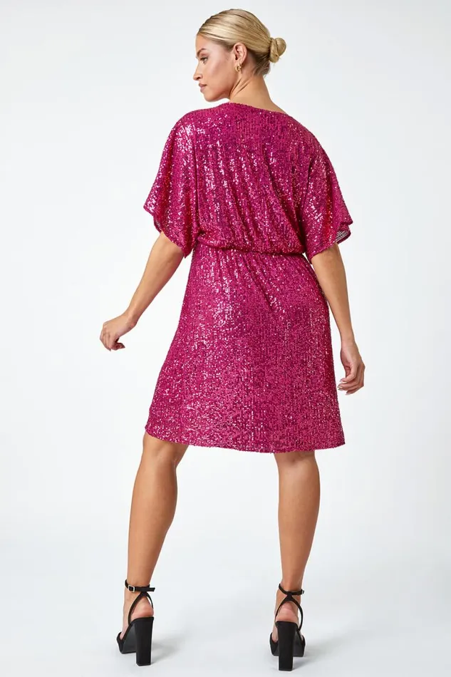 Pink Sequin Embellished Wrap Stretch Dress Women Roman Dresses