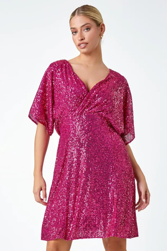 Pink Sequin Embellished Wrap Stretch Dress Women Roman Dresses