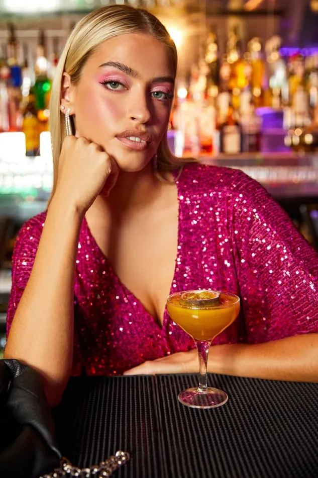 Pink Sequin Embellished Wrap Stretch Dress Women Roman Dresses